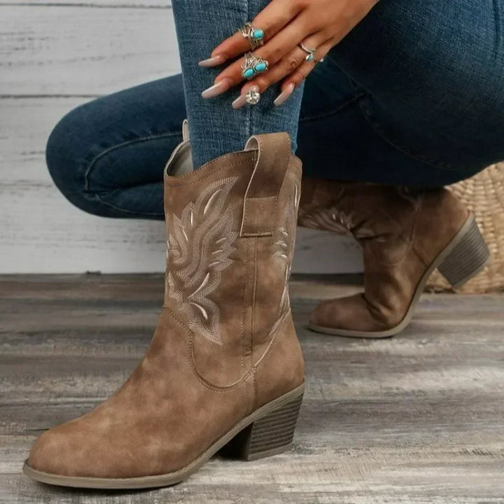 Damen-Cowboystiefel mit Stickerei und niedrigem Absatz