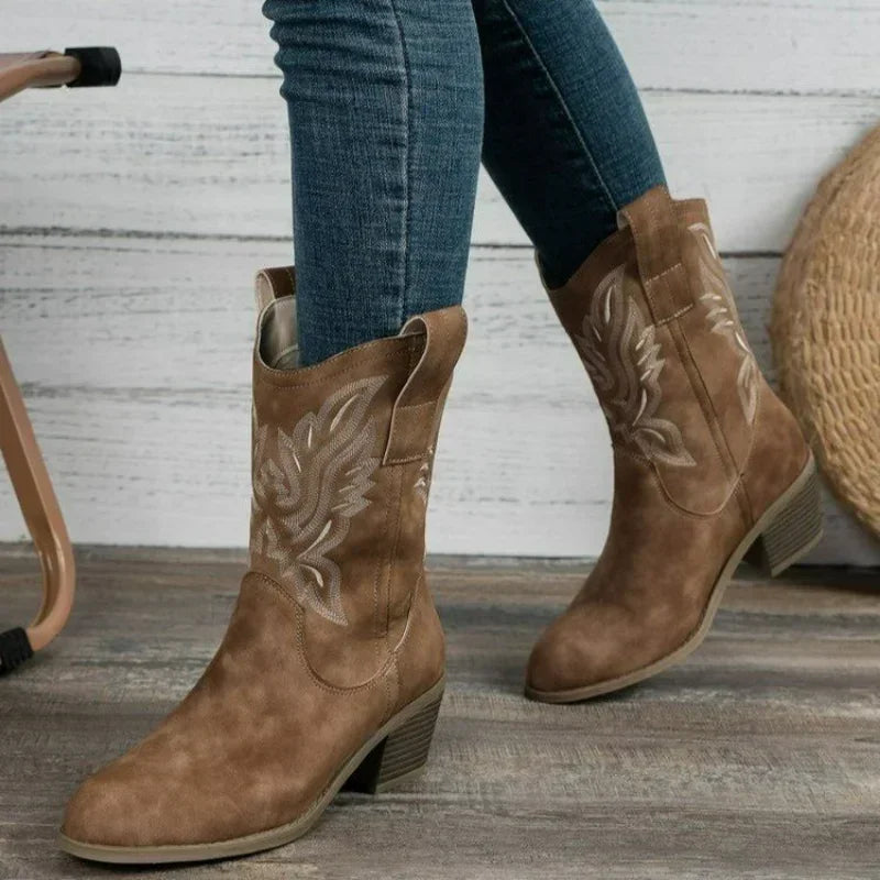 Damen-Cowboystiefel mit Stickerei und niedrigem Absatz