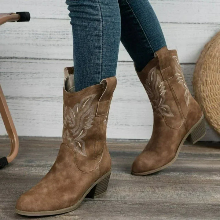 Damen-Cowboystiefel mit Stickerei und niedrigem Absatz