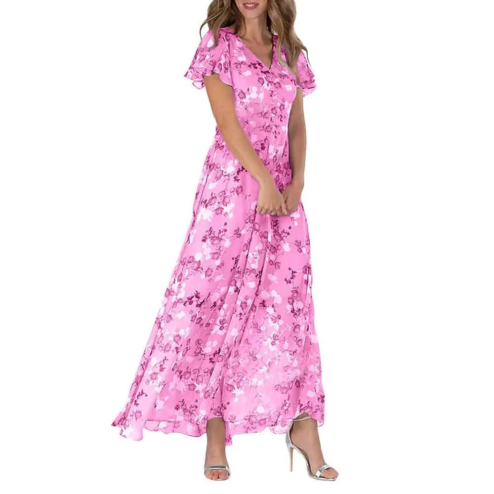 Geblümtes Maxikleid aus Chiffon mit V-Ausschnitt und kurzem Ärmel
