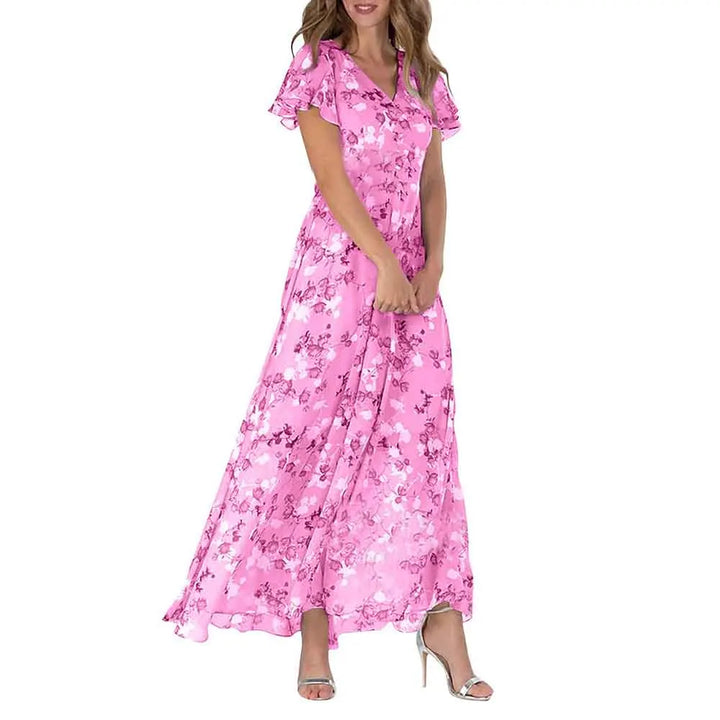Geblümtes Maxikleid aus Chiffon mit V-Ausschnitt und kurzem Ärmel