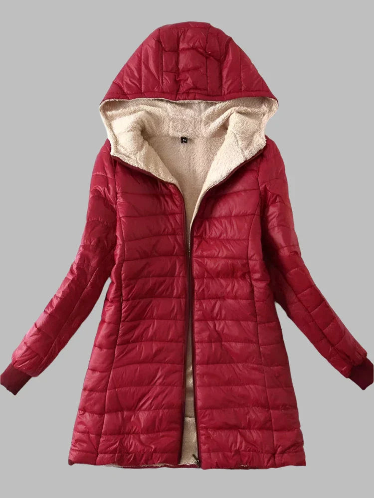 Damen-Lange Daunenjacke mit Kapuze und Fütterung