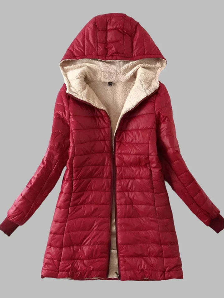 Damen-Lange Daunenjacke mit Kapuze und Fütterung