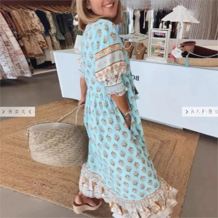 Boho Maxikleid mit V-Ausschnitt und weitem Schnitt
