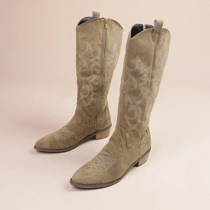 Hohe Damen-Cowboystiefel mit Wildlederbesatz und Stickerei