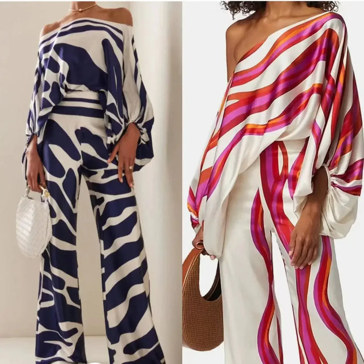 Elegantes Satin-Set: Asymmetrisches Oberteil & Weite Hose