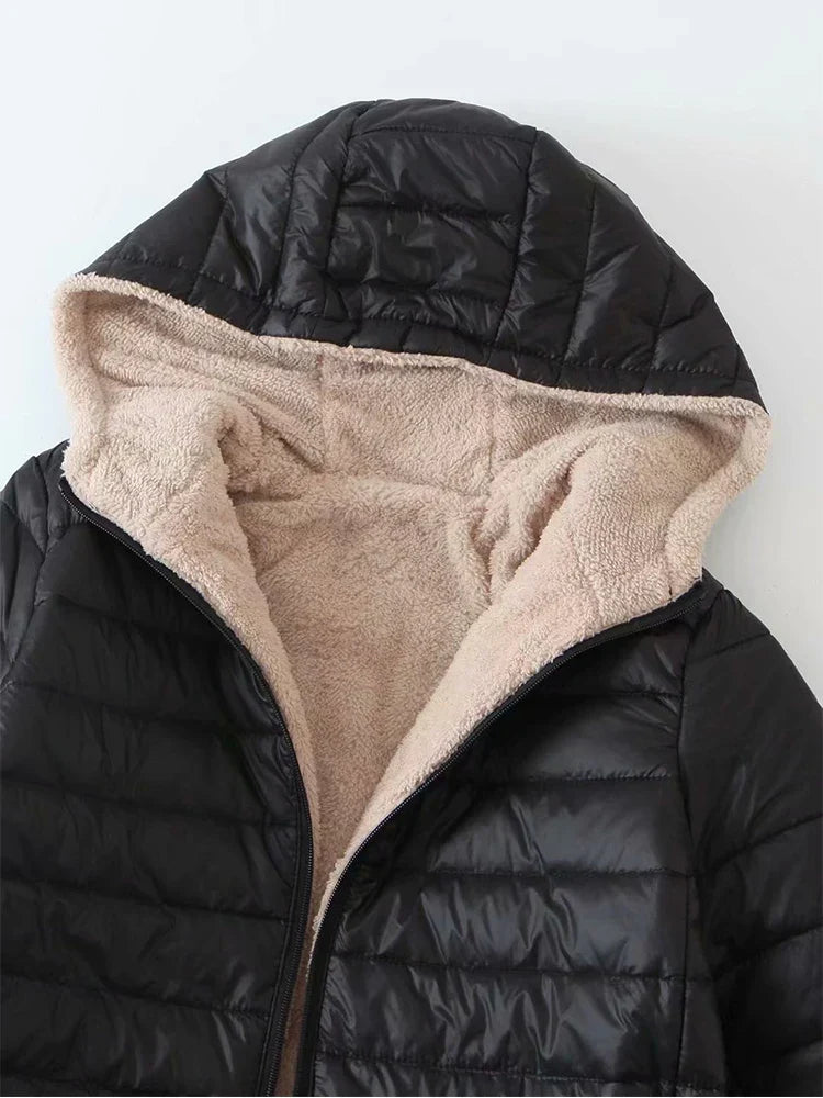 Damen-Lange Daunenjacke mit Kapuze und Fütterung