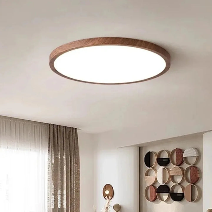 Moderne runde LED-Deckenleuchte mit Holzrahmen