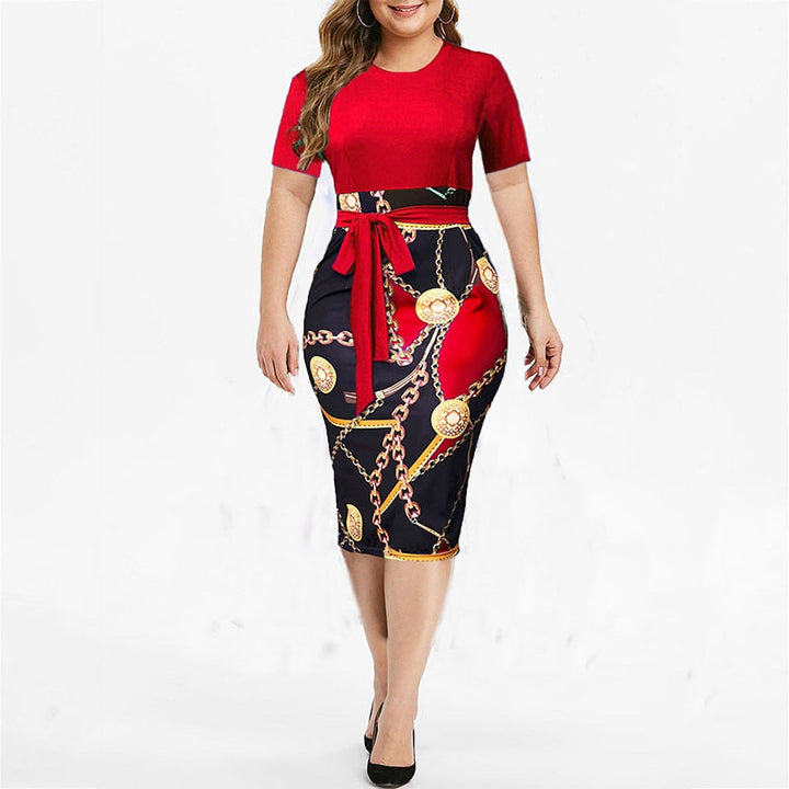Elegantes Bleistiftkleid mit grafischem Muster und Taillenband