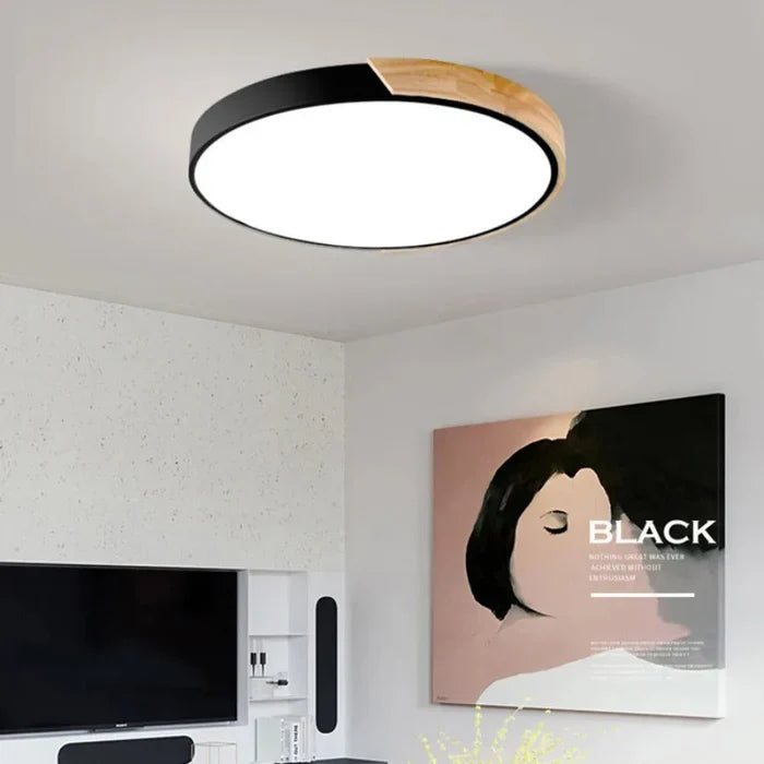 Moderne runde LED-Deckenleuchte mit Holzakzent