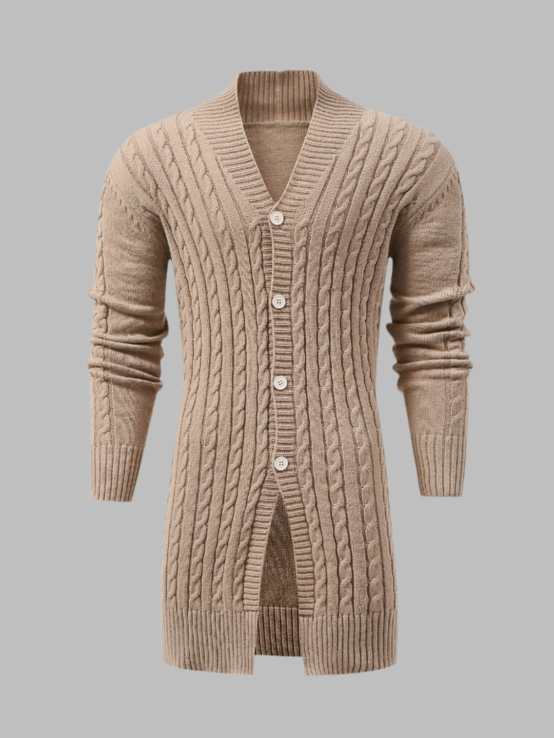 Langer Herren-Cardigan mit Zopfmuster und Knöpfen