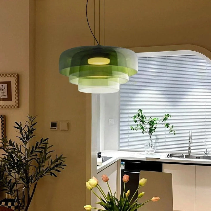 Moderne Glas-Pendelleuchte mit geschichtetem Schirm – Retro-Design