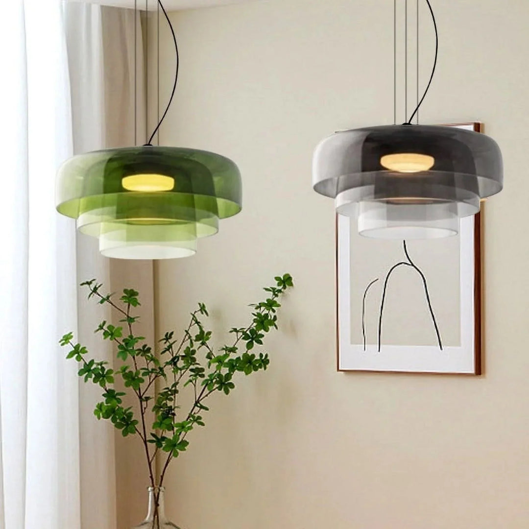 Moderne Glas-Pendelleuchte mit geschichtetem Schirm – Retro-Design