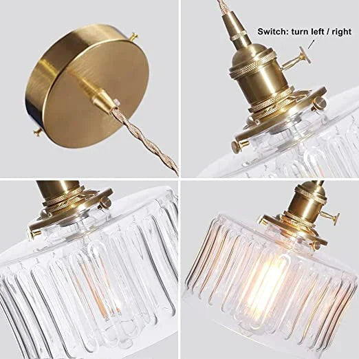 Pendelleuchte im Vintage-Stil mit gerilltem Glasschirm und Goldfinish