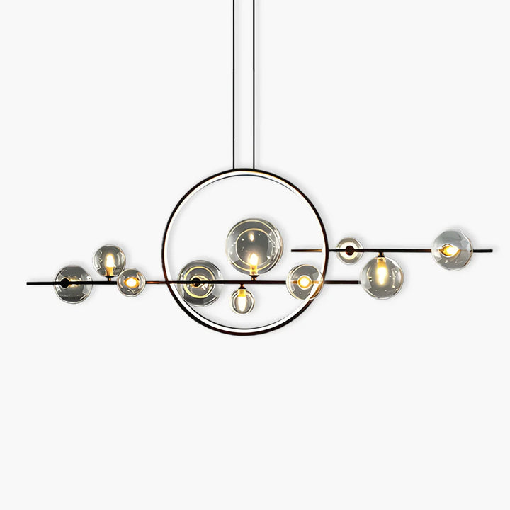 Moderne Deckenleuchte mit kugelförmigen Glasschirmen und geometrischem LED-Ring