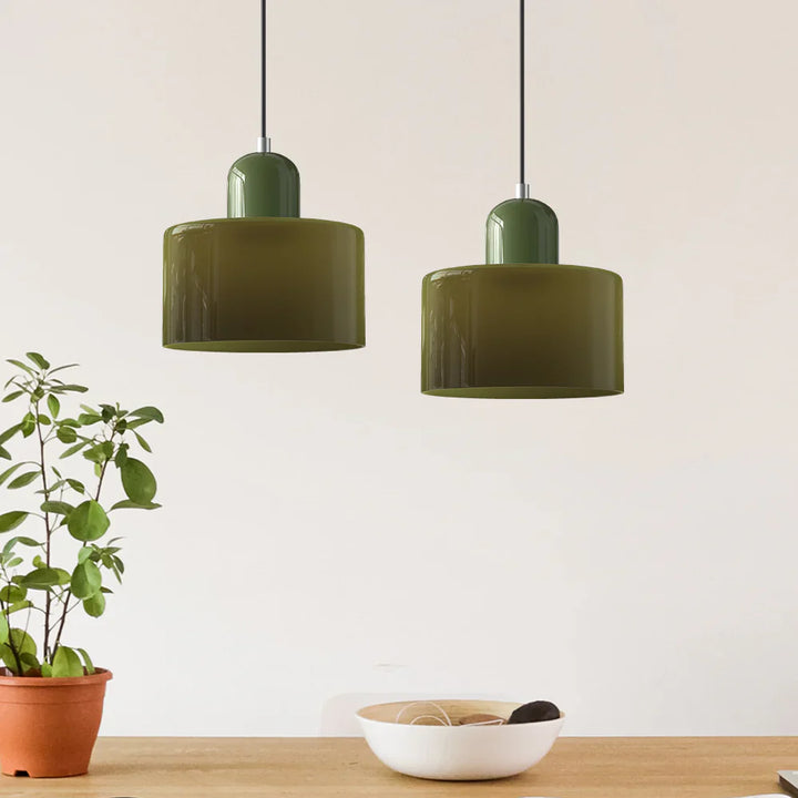 Moderne Pendelleuchte aus farbigem Glas im Bauhaus-Stil