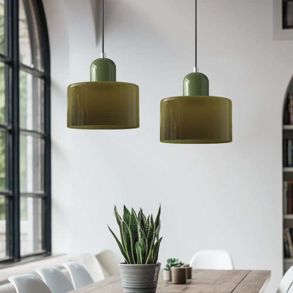 Moderne Pendelleuchte aus farbigem Glas im Bauhaus-Stil