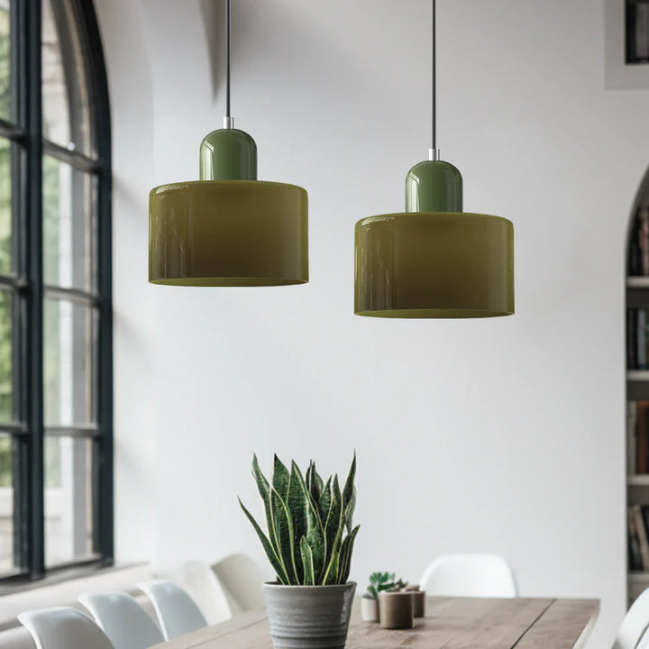 Moderne Pendelleuchte aus farbigem Glas im Bauhaus-Stil