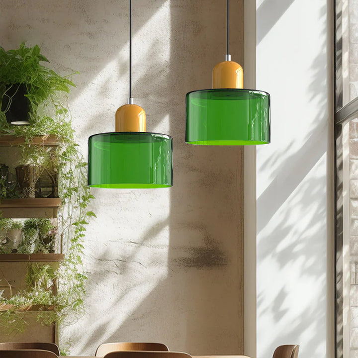 Moderne Pendelleuchte aus farbigem Glas im Bauhaus-Stil